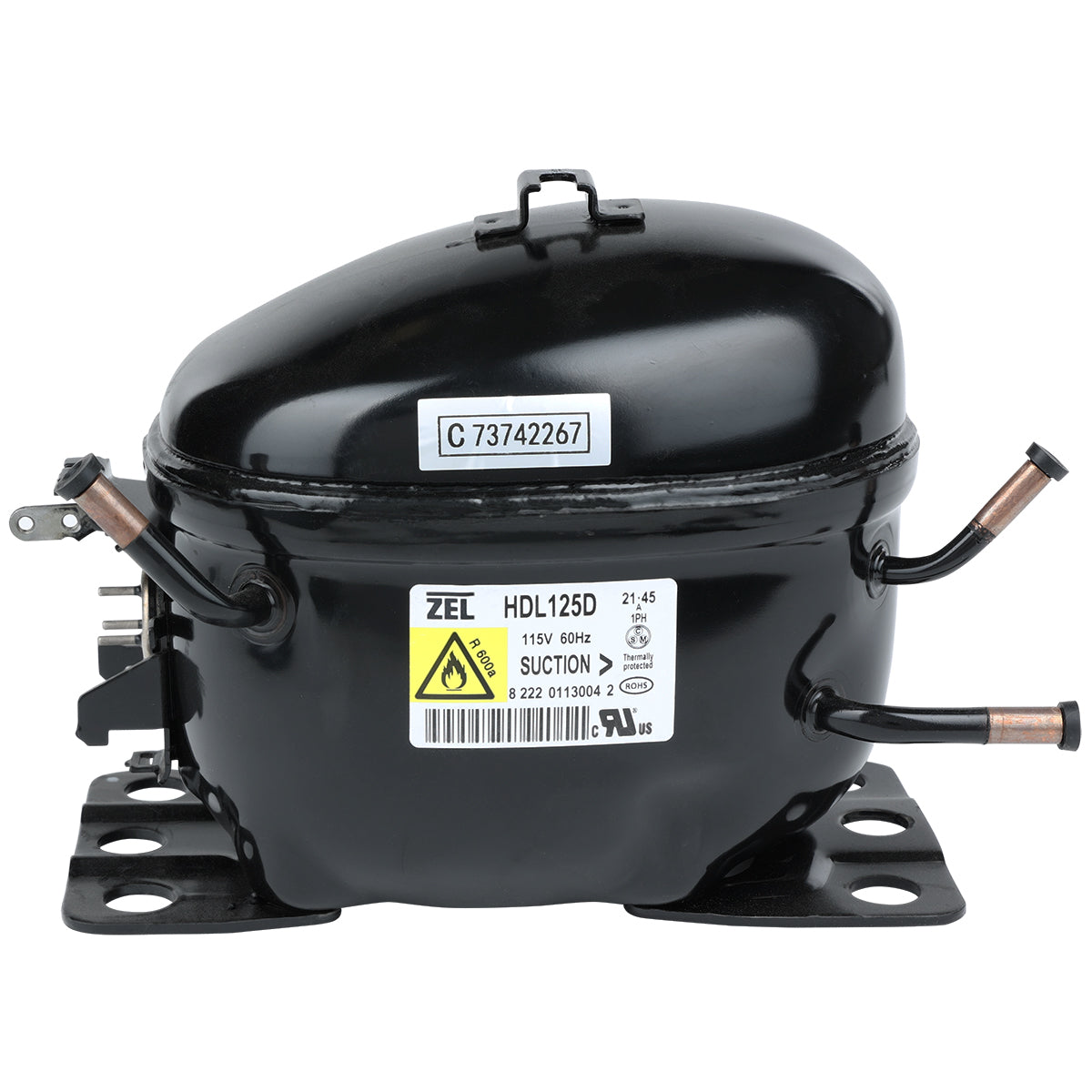 A black Empura Compressor for Empura Refrigeration with four mounting feet, copper tubes on its sides, and several labels including model “HDL125D”. It also features electrical connectors on the left and a barcode label on top. Compatible with E-KUC27.