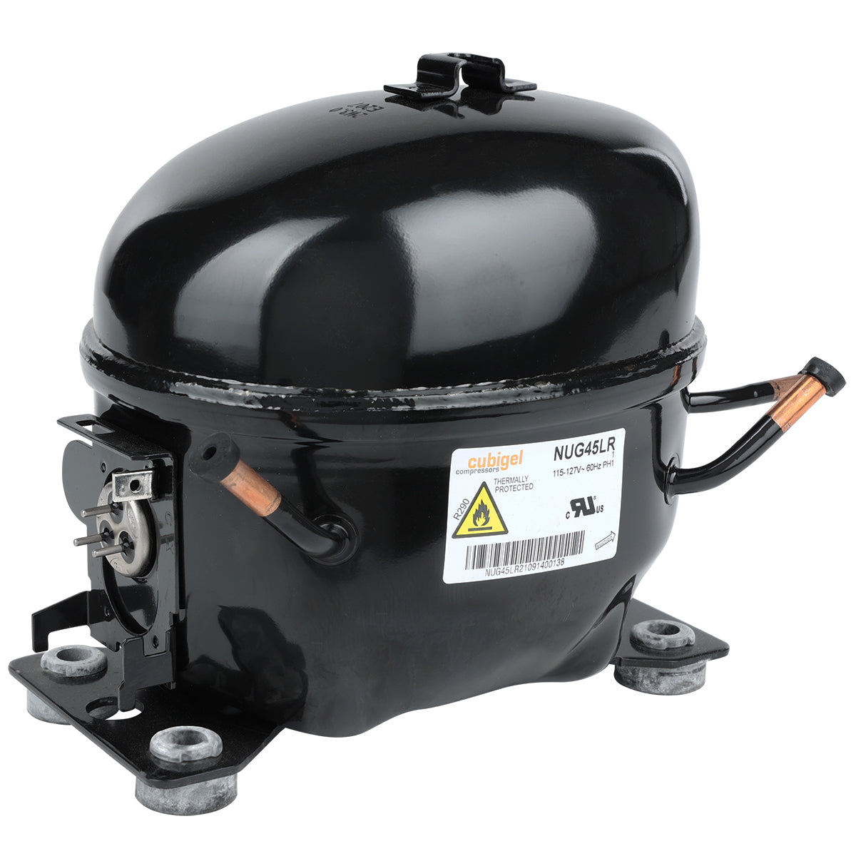 A black, oval-shaped Empura compressor with copper pipes on each side, a white label marked “Cubigel NUG45LR,” and a caution symbol. It sits on four metal mounting feet and features an electrical connector on one side.