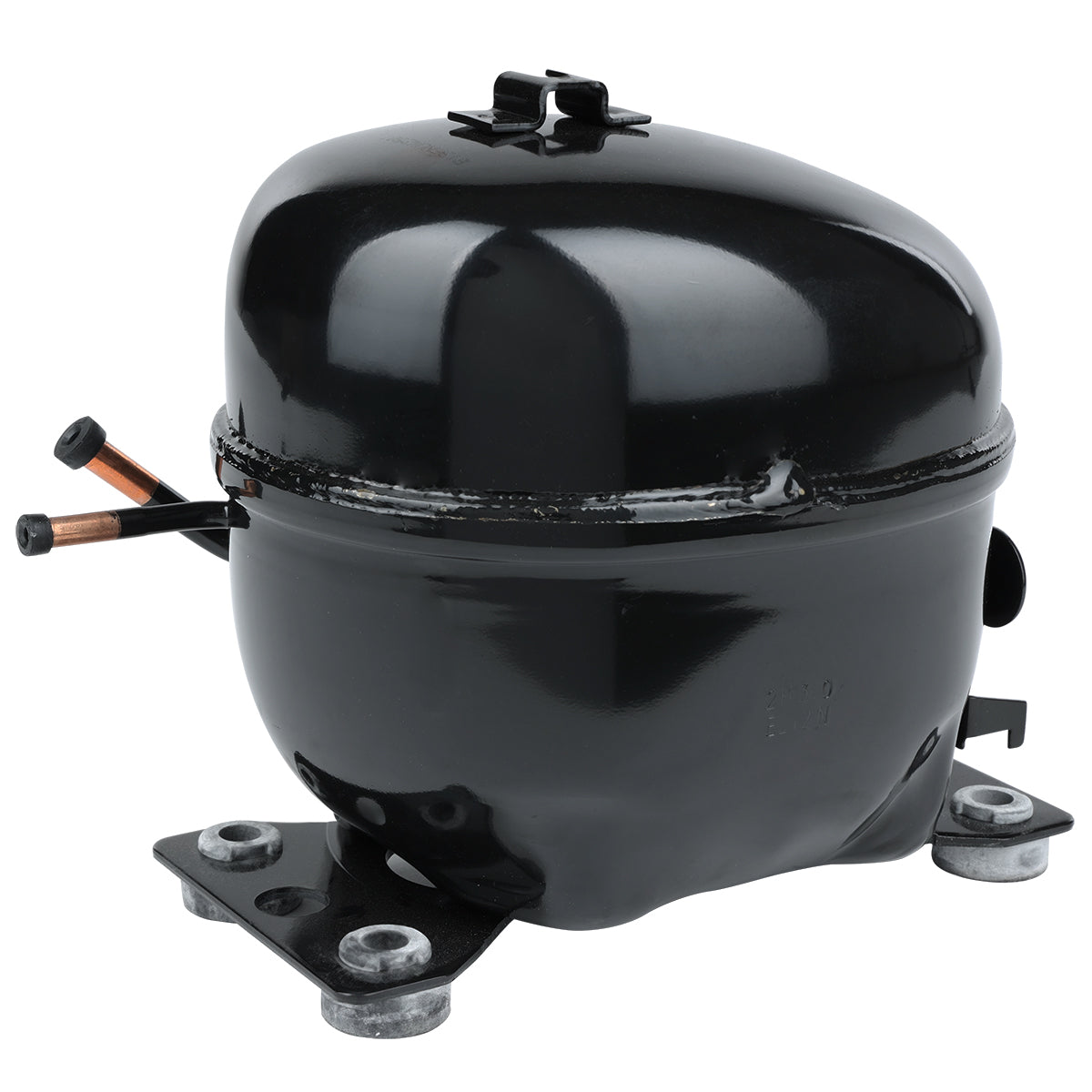 A black, oval-shaped Empura compressor with a glossy finish, mounted on a black metal base with four rubber feet. Two copper pipes extend from its side, and a black plastic electrical connector is visible on the opposite side.