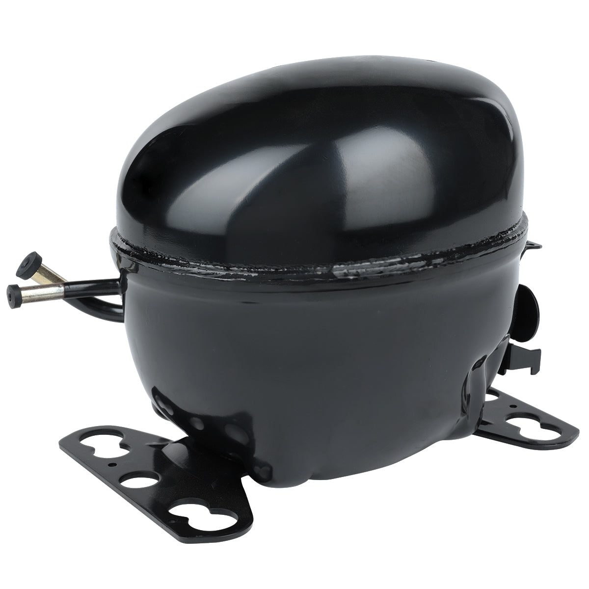 A black, oval-shaped Empura replacement compressor with a smooth, glossy finish, metal mounting brackets, and two protruding metal tubes for connections, set against a white background.