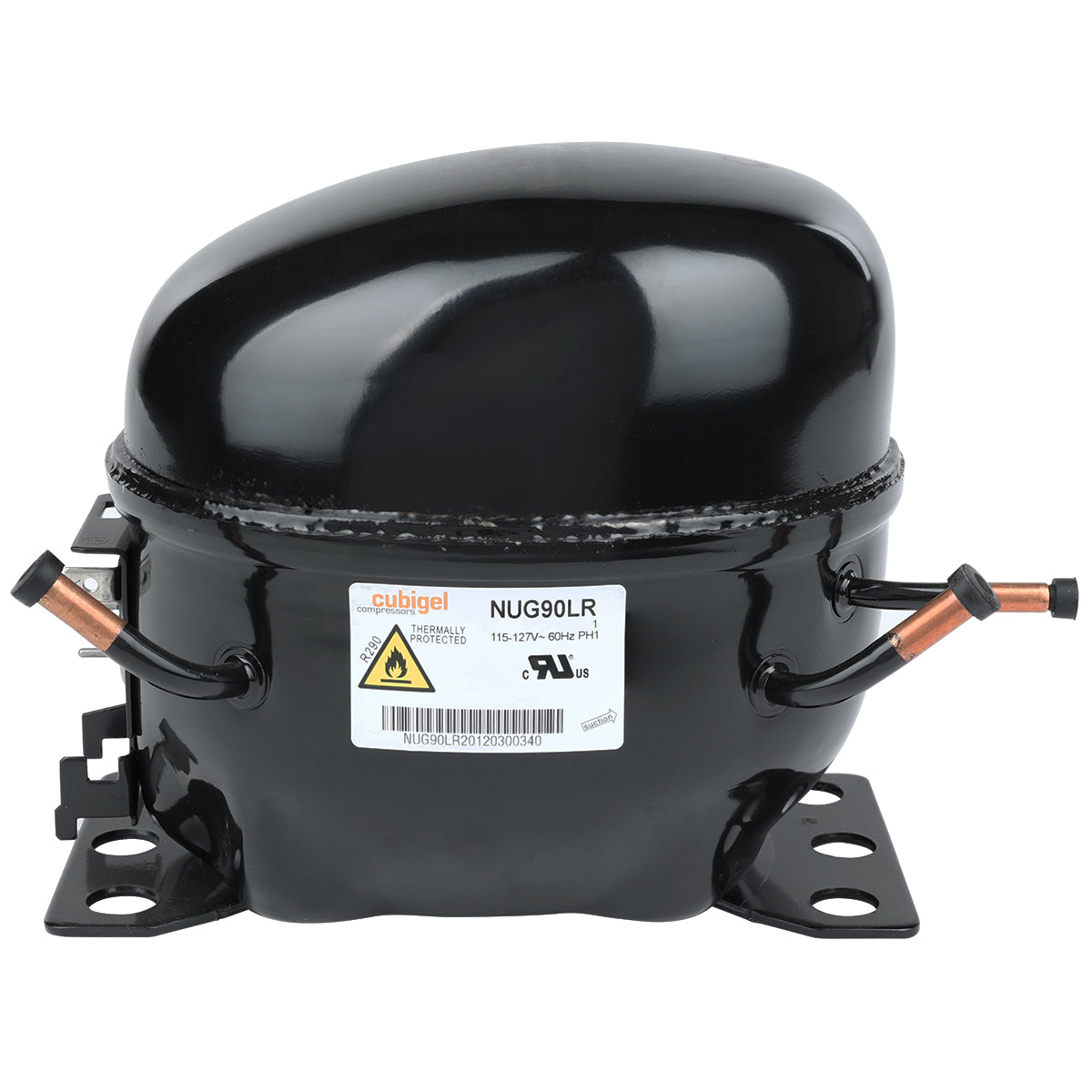 A shiny black Cubigel NUG90LR compressor for Empura Refrigeration, featuring copper pipes, electrical terminals, and mounting brackets. Warning and certification labels are on the front. The unit sits on a white background.