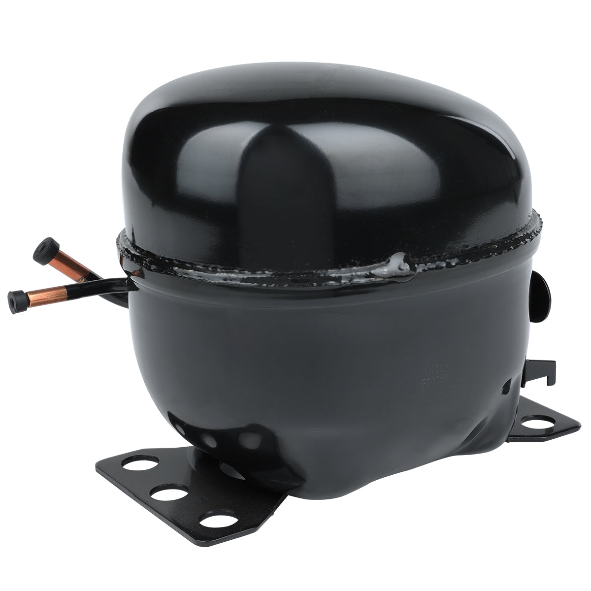 A black, oval-shaped E-KB81R compressor from Empura Refrigeration with a glossy finish, mounted on a metal base with four securing holes. Several copper pipes extend from one side. The smooth surface shows slight reflections and no visible markings.