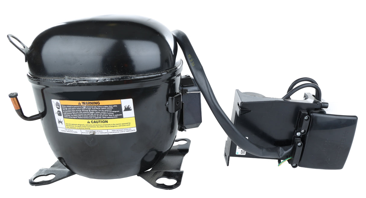 A black Empura Refrigeration compressor, model E-EGM-23FB, features a cylindrical shape mounted on a metal base with bolt holes. It includes a copper tube on the left, a center warning label, and electrical components with wires on the right.