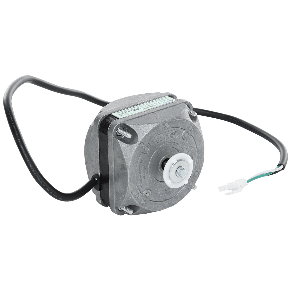 A small, metallic condenser fan motor with a square body, black wiring on both ends, a white plastic connector tip, and a round white component at the center. Ideal as an Empura Refrigeration part, it has a label with specs and a mounting bracket.