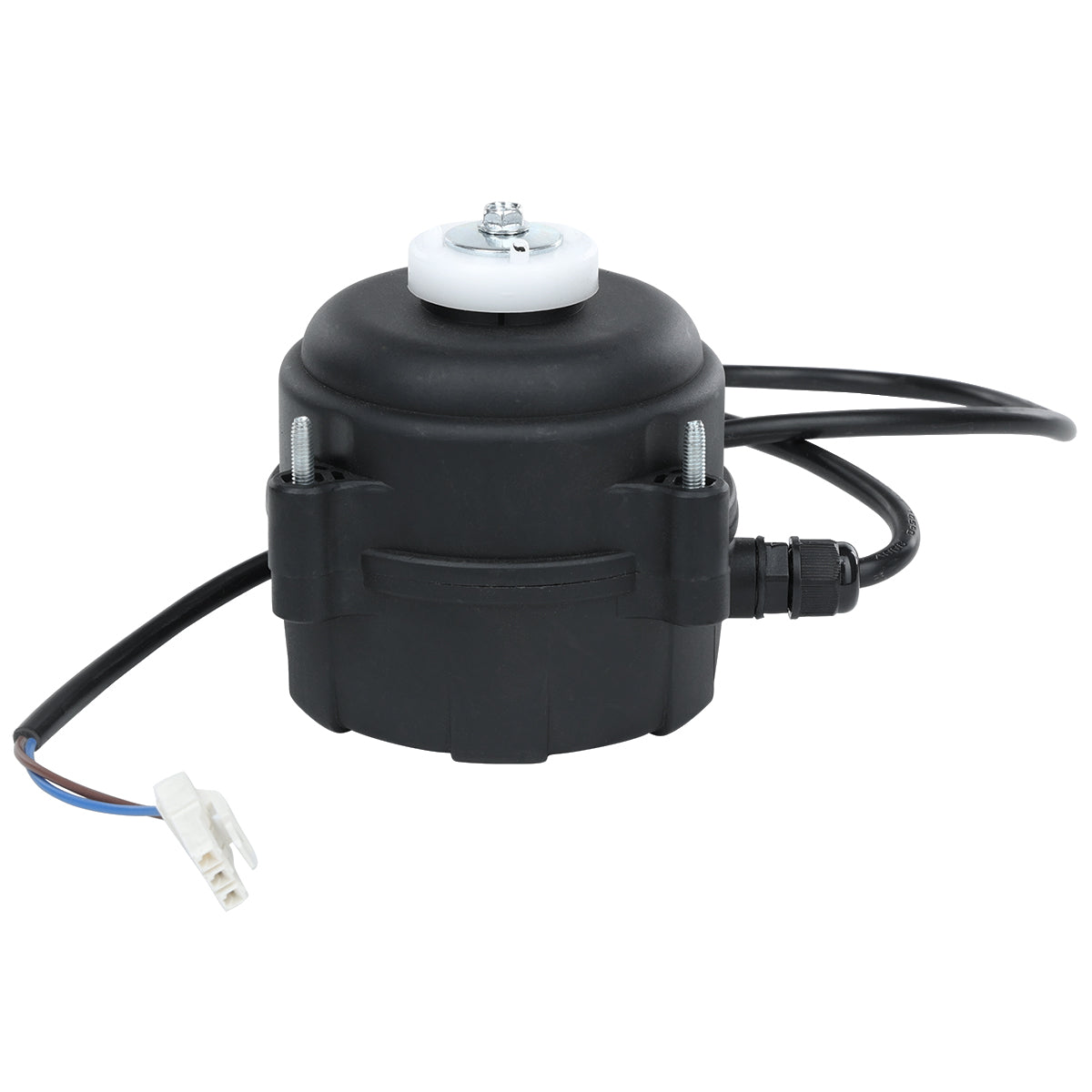 A small black electric motor, often used in Empura Refrigeration units, features a white circular component on top, two silver bolts, attached black power cables, and a white connector. The Empura Parts motor is photographed on a white background.