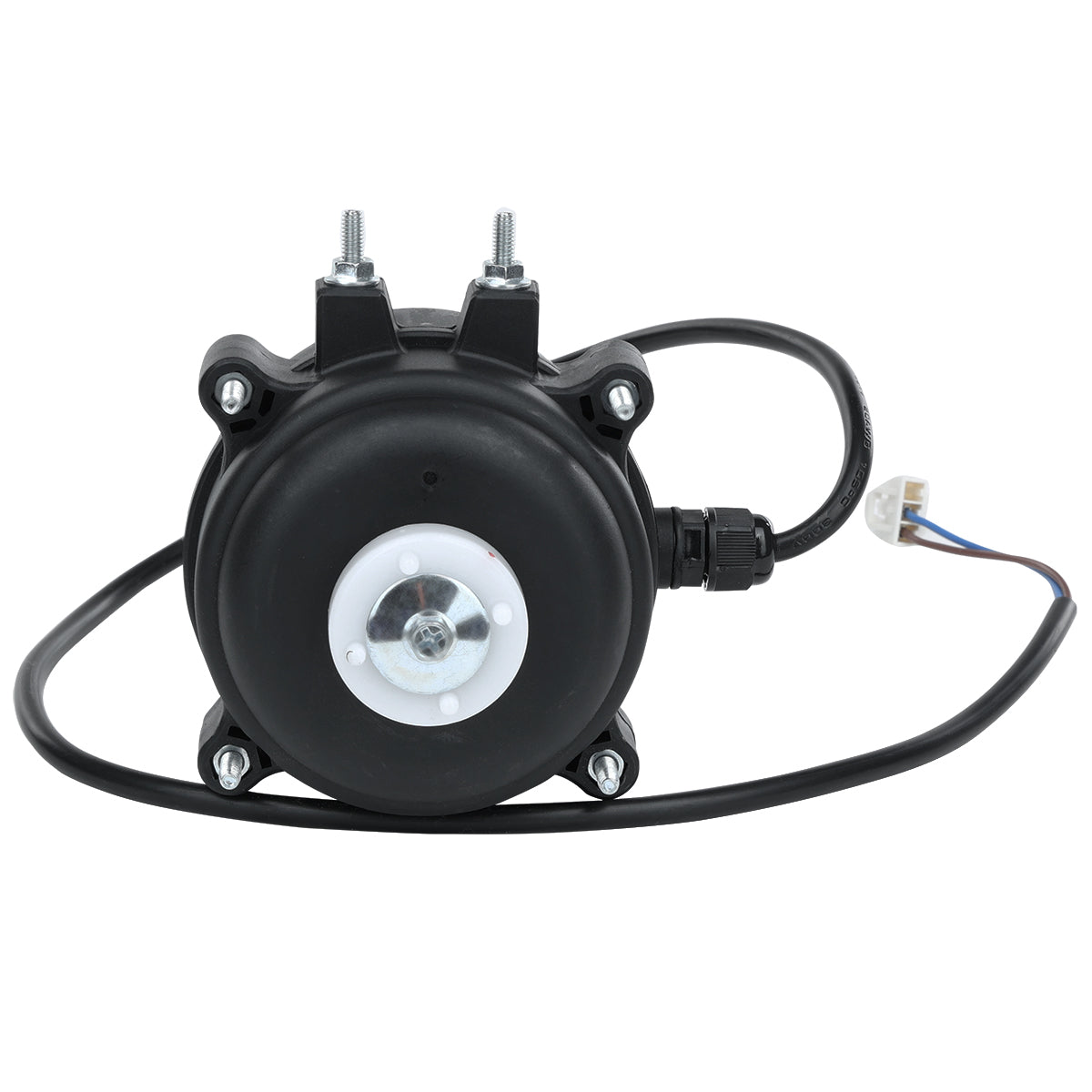 A black circular electric motor, ideal for Circle Fan or Empura Refrigeration units, features a central silver hub and mounting bolts. It’s attached to a black cable ending in a white plastic connector with exposed colored wires, viewed from the front.