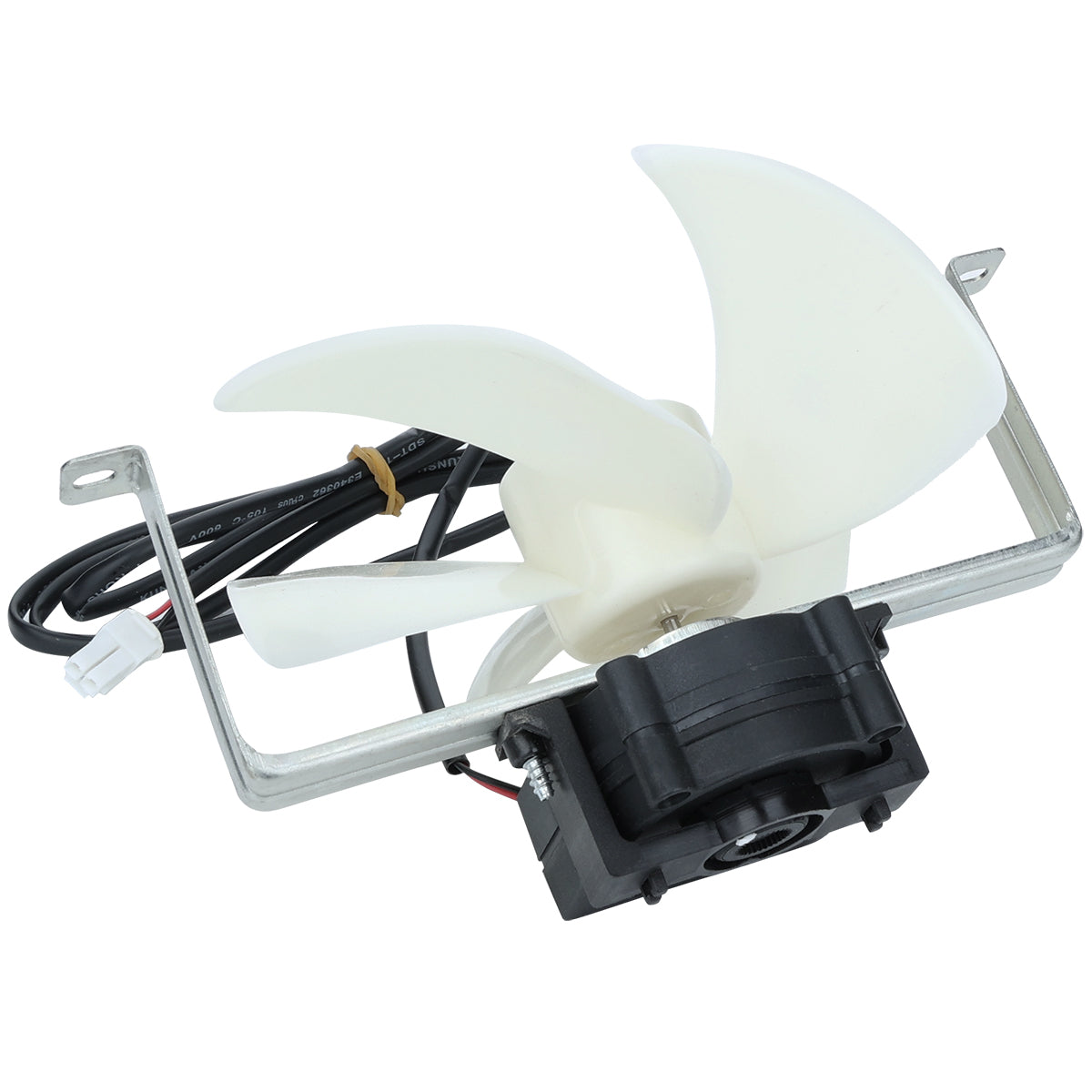 A white plastic Circle Fan blade is attached to a black electric motor, mounted on a metal bracket. Wires and a connector extend from the motor, suggesting it’s an Empura Refrigeration part. The background is plain white.