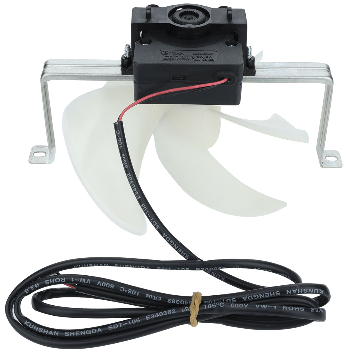 A small electric Circle Fan with a white plastic three-blade propeller, mounted on a metal bracket. A black motor is attached to the bracket, with red and black wires extending from it. A separate black cable is coiled below the fan.