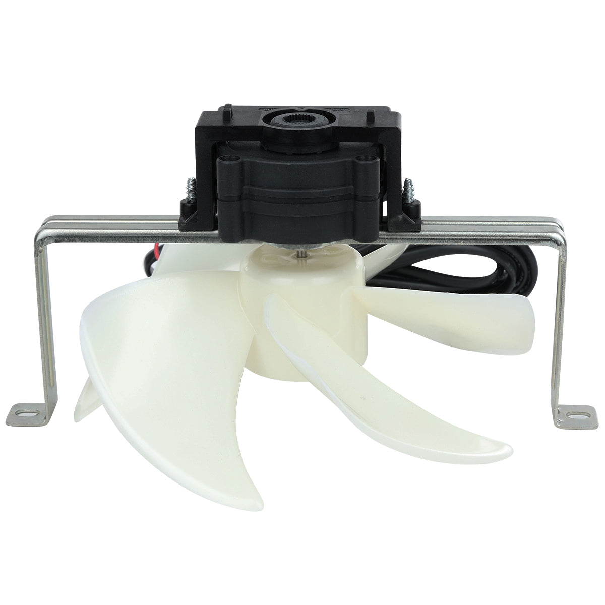 A small Circle Fan with a white three-blade propeller is mounted on a metal bracket. The fan has a black motor housing on top and an attached black power cord, looped behind the blades, for electrical connection.