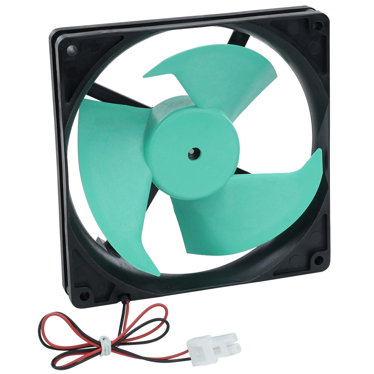 A square black Empura Parts computer cooling fan features three large teal blades and a white connector plug with red and black wires coiled beside it. The Circle Fan is displayed against a plain white background.