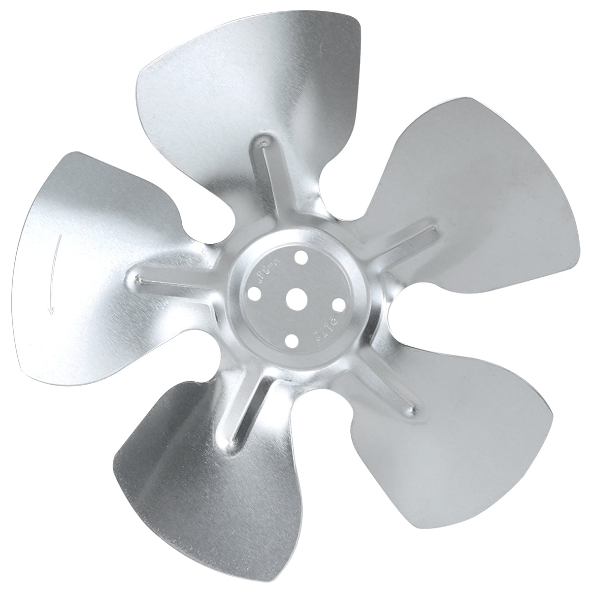 A metallic four-blade Empura Parts condenser fan blade with a shiny silver finish. The slightly curved blades attach to a central hub, designed for Empura Refrigeration units. Smooth surface and visible light reflections enhance its look.