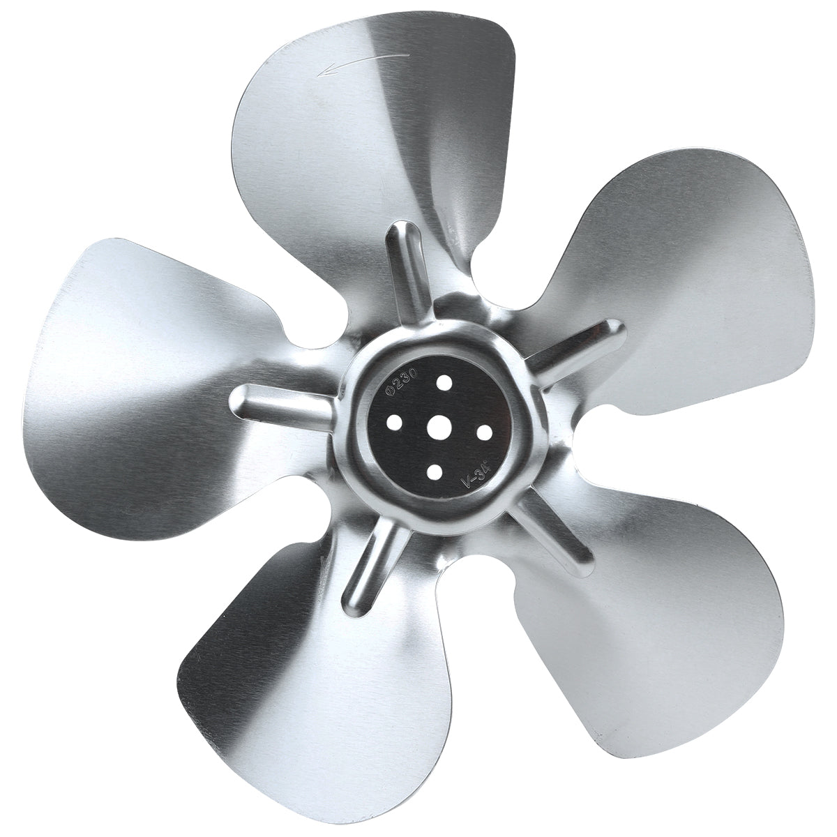 A shiny Empura Refrigeration circle fan blade with five curved blades radiates from a central hub. Each blade has a rounded edge, and the hub features four circular holes. The symmetrical metal surface reflects light beautifully.