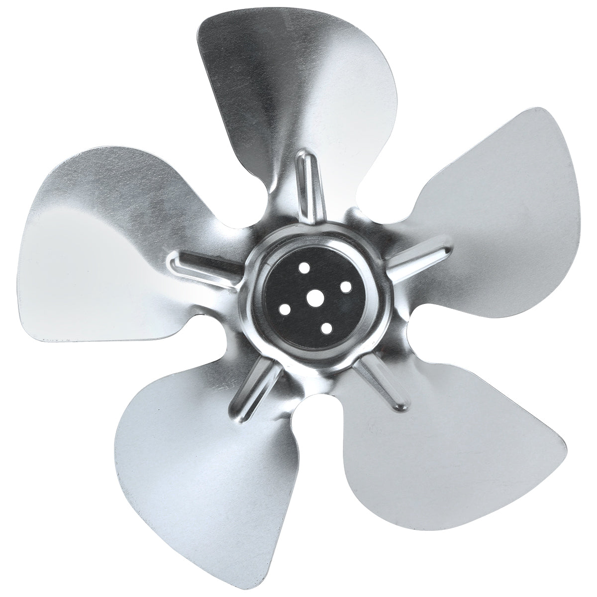 A metallic, four-blade circle fan blade with rounded edges is shown against a white background. The central hub has four holes, and each blade reflects light for a shiny, silver look—ideal for Empura Refrigeration or as a genuine Empura Parts replacement.