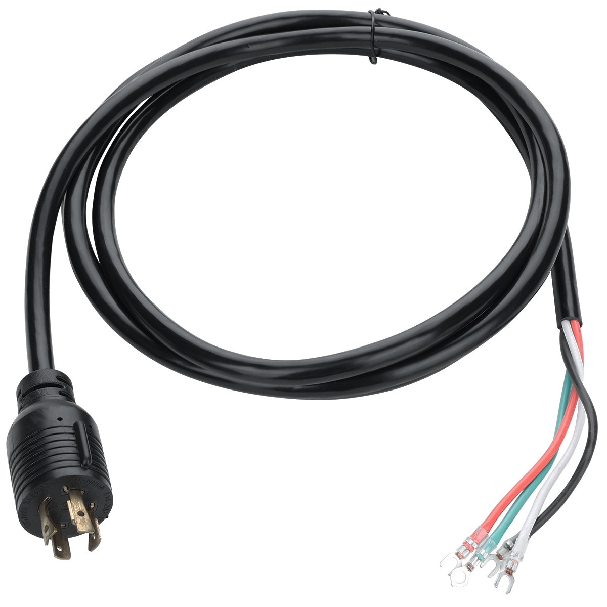 A black electrical power cord for Empura Refrigeration with a three-prong plug on one end and four exposed colored wires (black, white, green, and red) with ring terminals on the other; ideal as plugs for E-KB81F Empura parts.