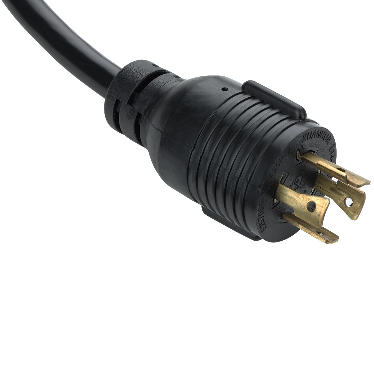 A close-up of a thick black electrical power cord with a three-prong plug featuring sturdy brass blades. The round, industrial-style plug is designed for heavy-duty use, ideal as one of the Plugs for E-KB81F or other Empura Refrigeration units.