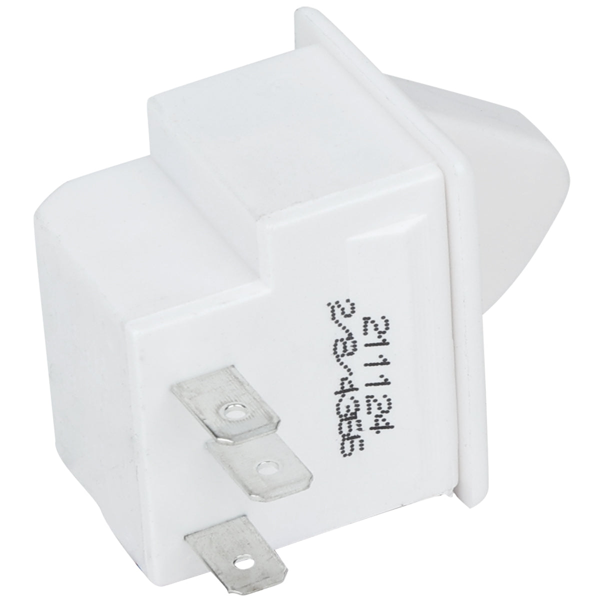 A close-up of a white plastic door switch with three flat metal prongs at the bottom, positioned on a diagonal. There is a printed serial number 211124 230285 on the side. The switch is isolated on a white background.