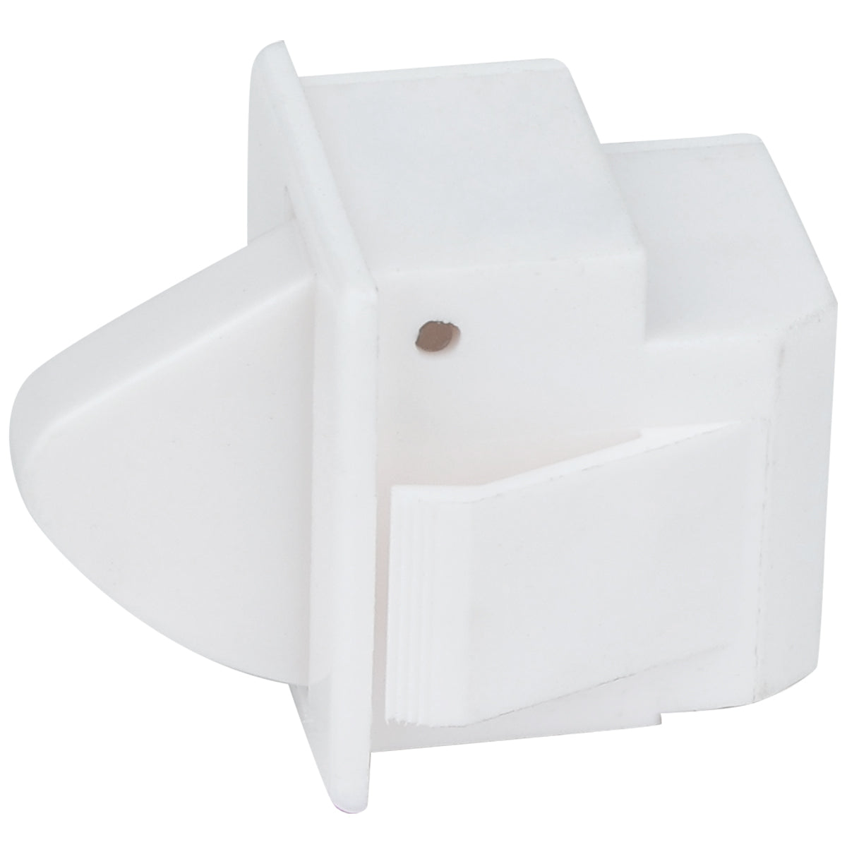 A white, box-shaped plastic wall anchor with a flat base and protruding angled tab, often found in Empura Refrigeration units. The anchor features a smooth rectangular design with a small circular indentation for Door Switch mounting.