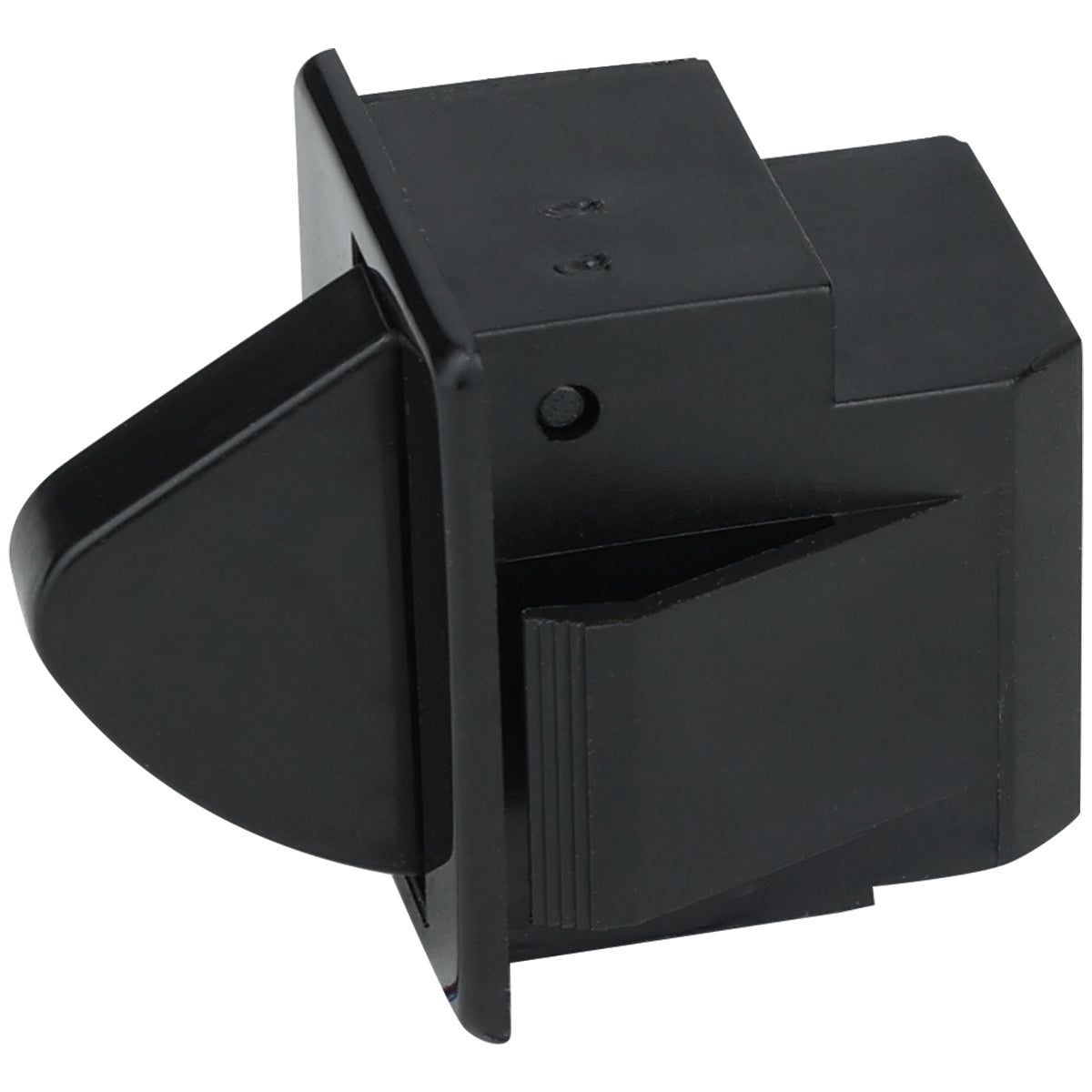 A close-up of a black plastic thumb turn latch, often used in Empura Refrigeration units. The latch features a flat rectangular base, angled handle for turning, and box-shaped body with grooves—ideal for securing cabinet or appliance doors.