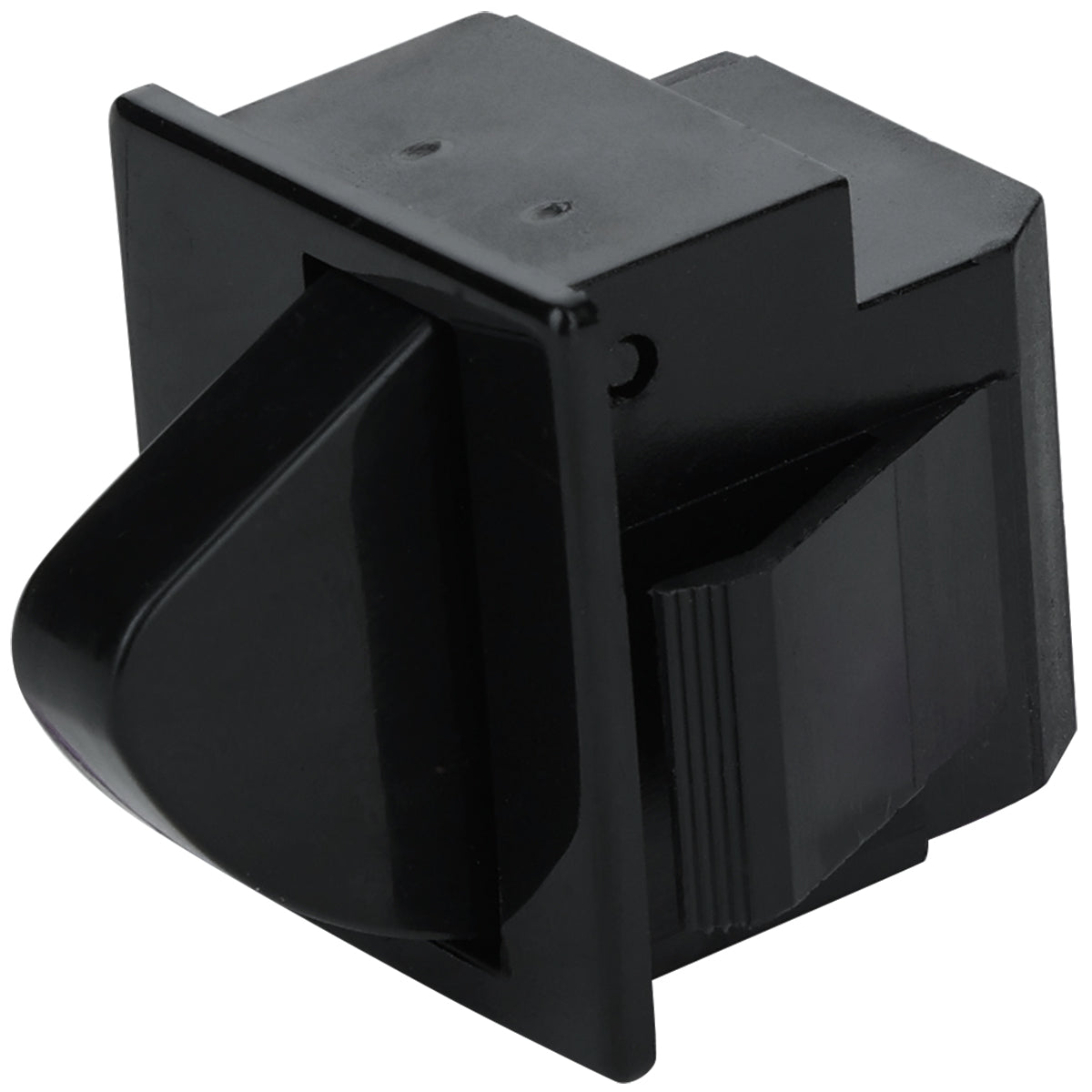 A black, rectangular plastic rocker switch, like the Empura Door Switch, features a protruding angled lever for toggling on and off. The smooth glossy surface and ridged box-shaped housing provide grip—ideal for Empura Refrigeration units.
