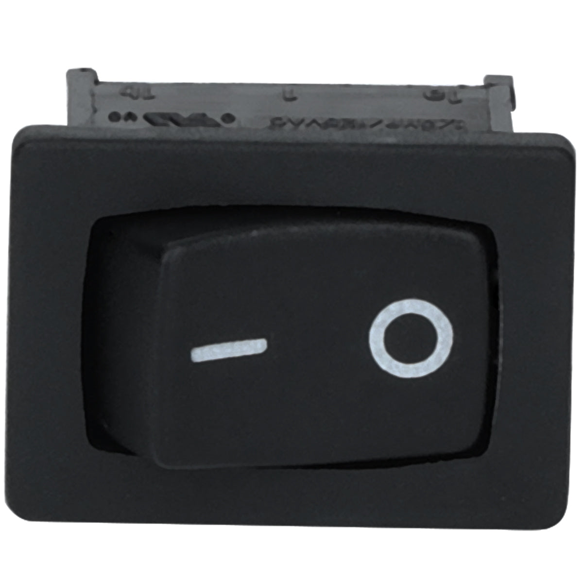 A close-up of a black rectangular rocker light switch, with a - symbol for ON and an O for OFF, set in a matte-finish plastic frame—compatible with Empura Refrigeration and Empura Parts.