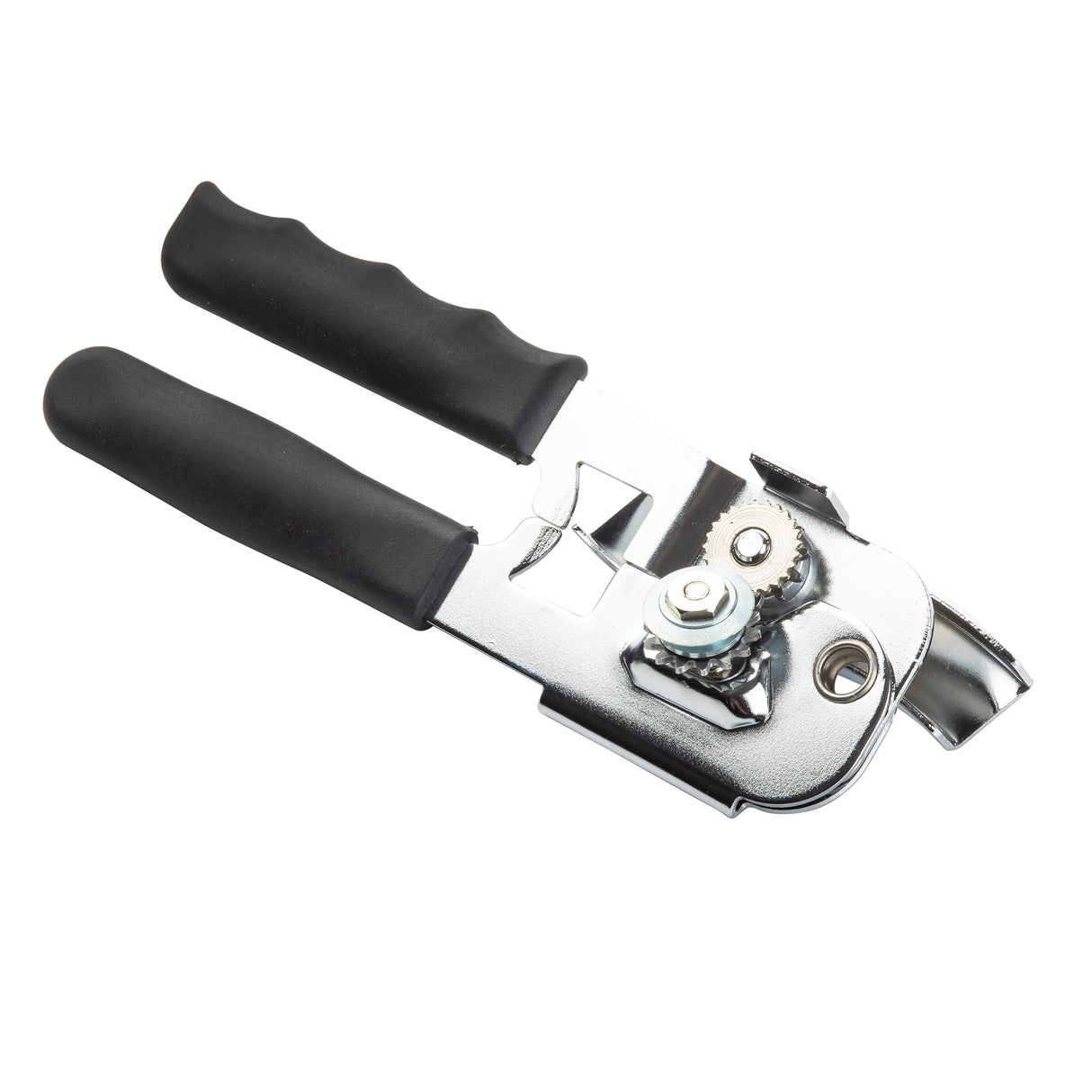 A manual can opener made of chrome plated steel with two black rubber handles, a rotating cutting wheel, and gears. The opener is angled to display its functional parts, and is isolated on a white background.