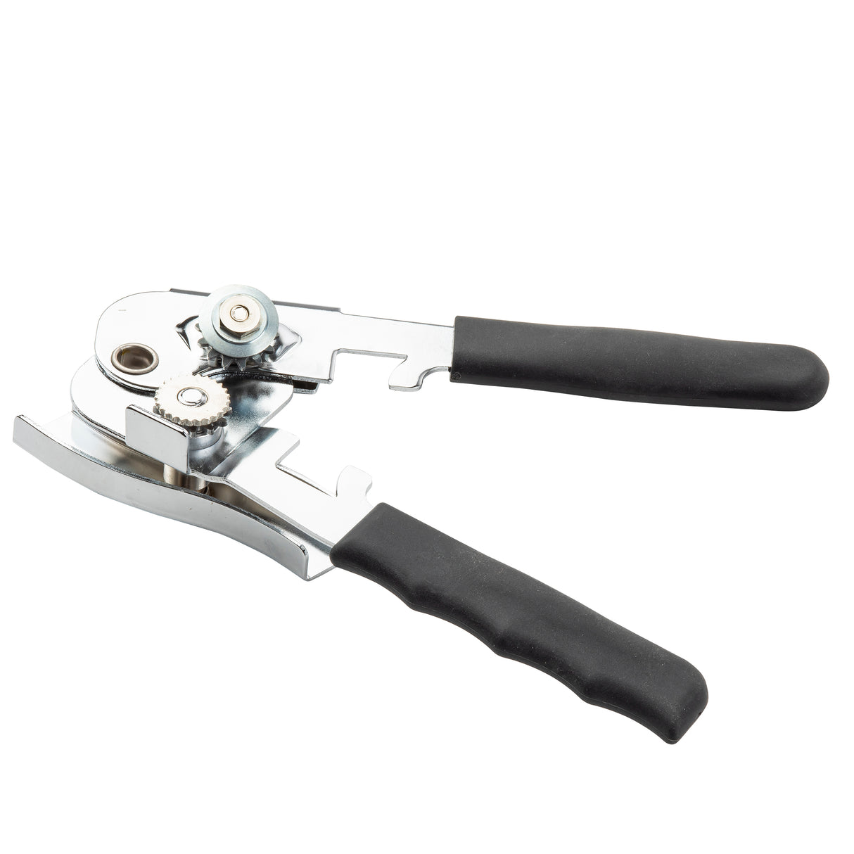 A chrome plated steel manual can opener with black, textured handles is shown against a white background. The opener has a rotary cutting wheel and serrated feed wheel for opening cans, plus a lever arm for grip and operation.
