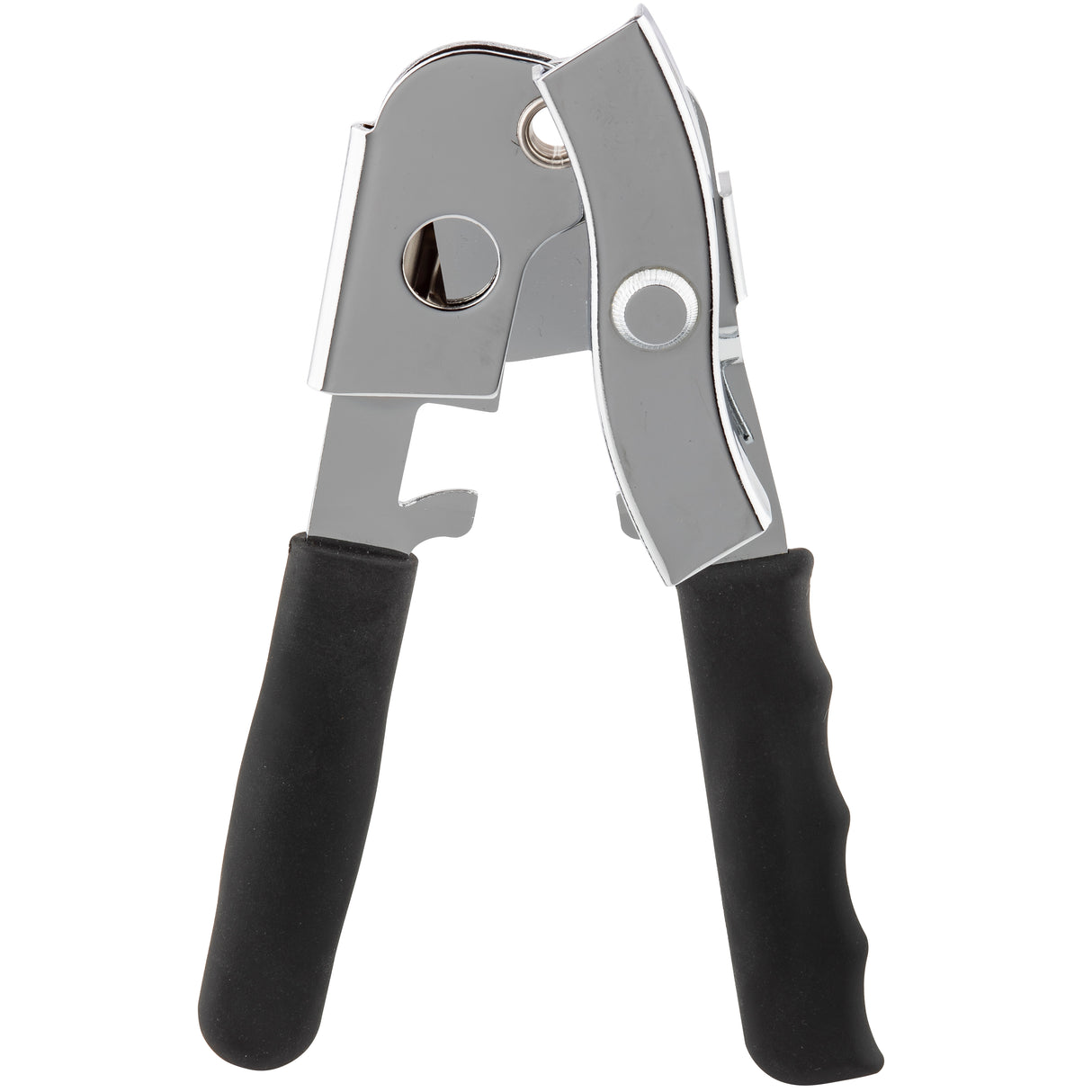Manual can opener with two black rubber-coated handles, a turning knob, and a sharp cutting wheel. Made of chrome plated steel, its curved, textured handles offer grip while the shiny metal body features visible joints and rivets.