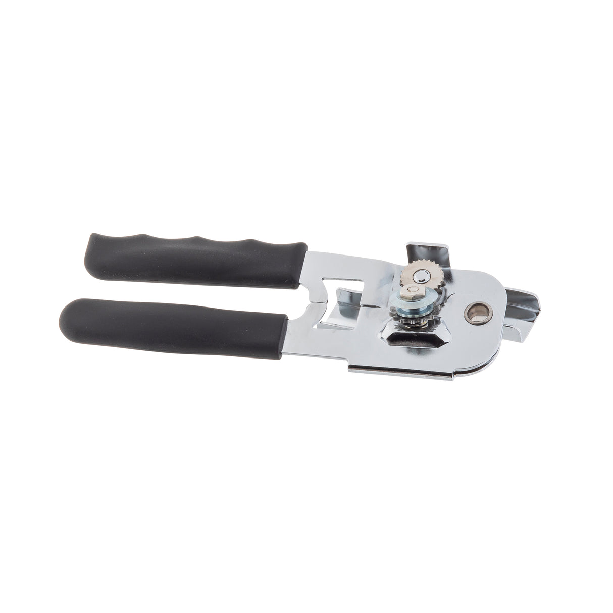 A manual can opener with black, ergonomic handles and a shiny chrome plated steel body is shown lying on a white background. The turning knob and cutting wheel are visible, designed for opening canned goods.