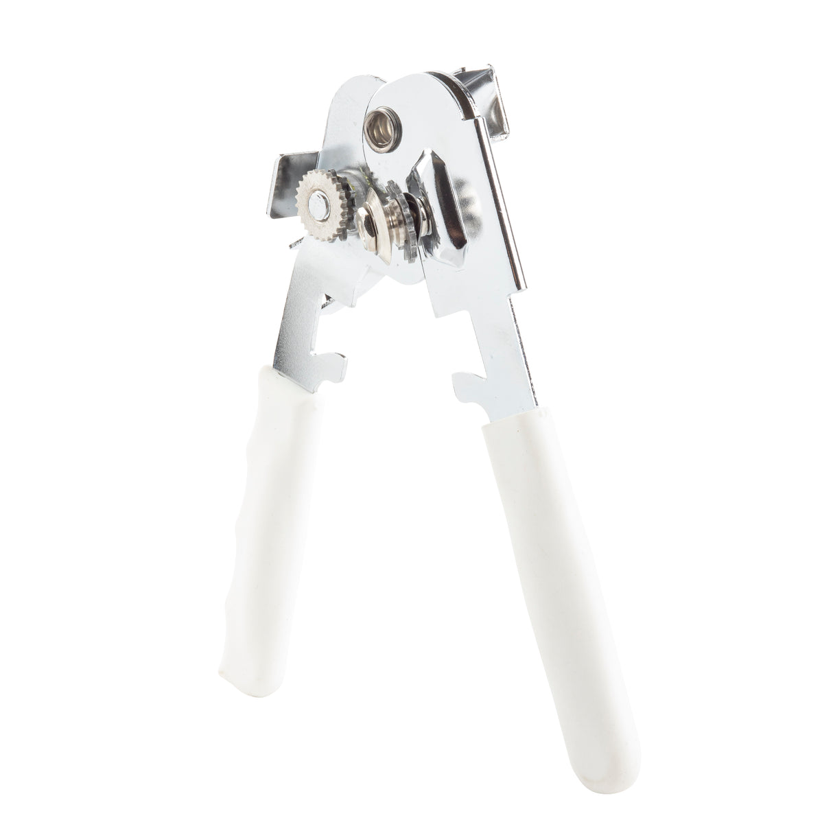 A chrome plated steel manual can opener with two white plastic handles, a turning knob, serrated wheel, and cutting blade for opening cans. Photographed on a white background, the can opener is angled slightly upward.