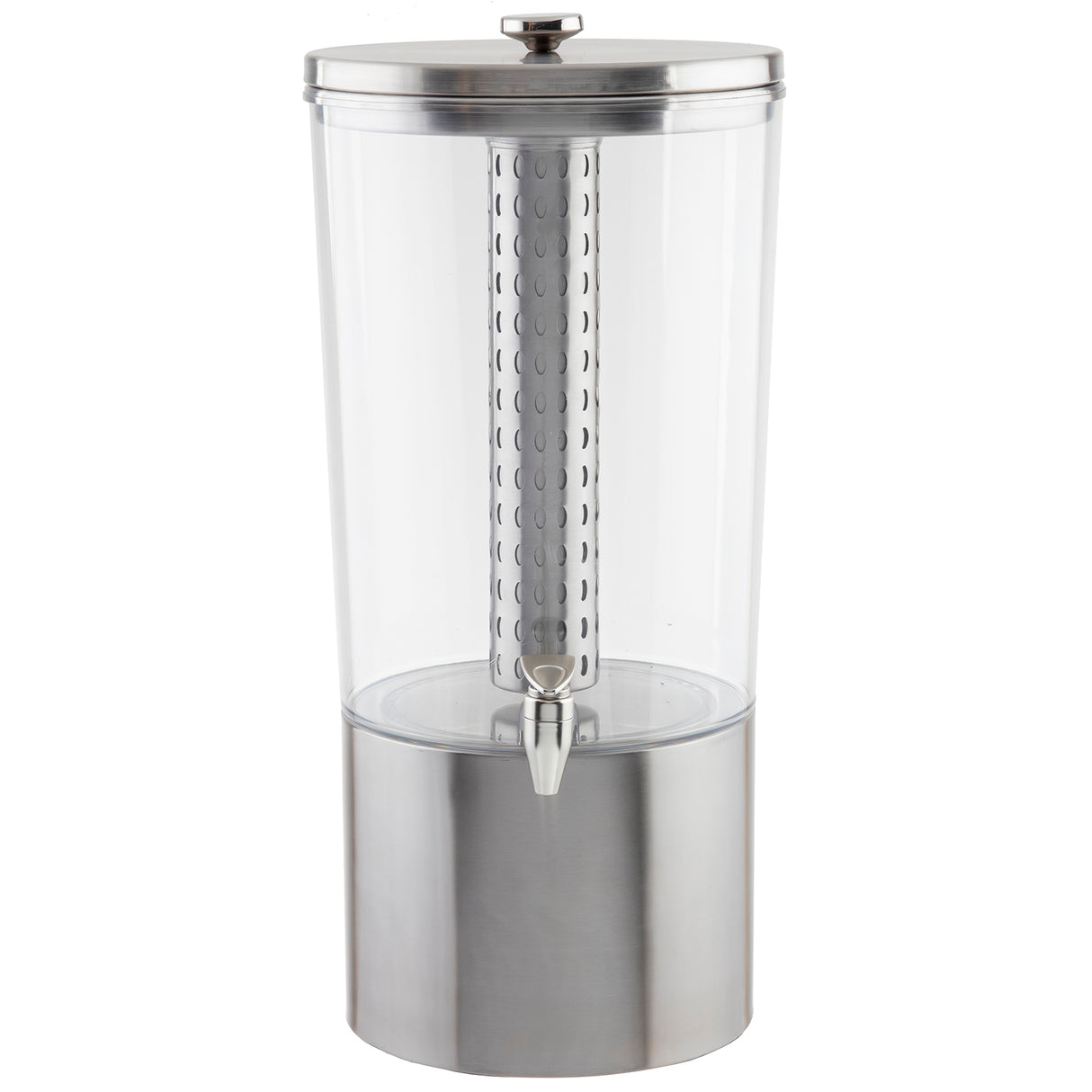 A tall, upscale beverage dispenser features a clear Tritan reservoir, a sleek stainless steel base, and a matching metal lid. An internal infuser tube with holes and a metal spigot near the bottom make it perfect for serving drinks in style.