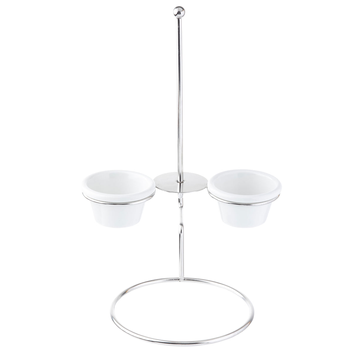 A stainless steel stand with a central pole and circular base holds two small white ceramic bowls in ramekin holders on opposite sides. The minimalist, modern design is perfect for serving sauces or dips alongside an onion ring tower.