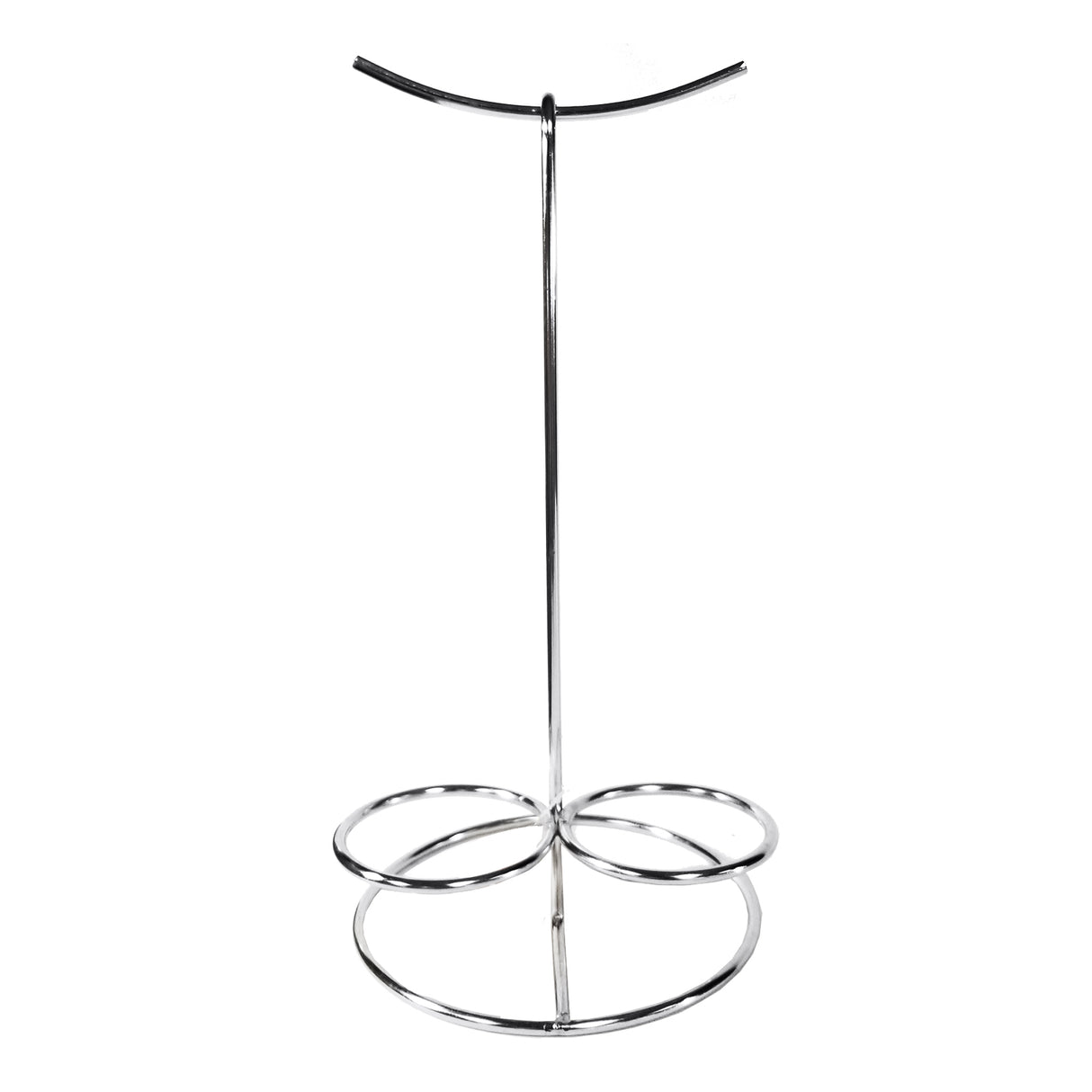A shiny, stainless steel metal stand with a curved top, vertical central rod, and three circular rings at the base forms a stable tripod—perfect as a Pretzel & Onion Ring Tower or ramekin holders for serving snacks or accessories upright.