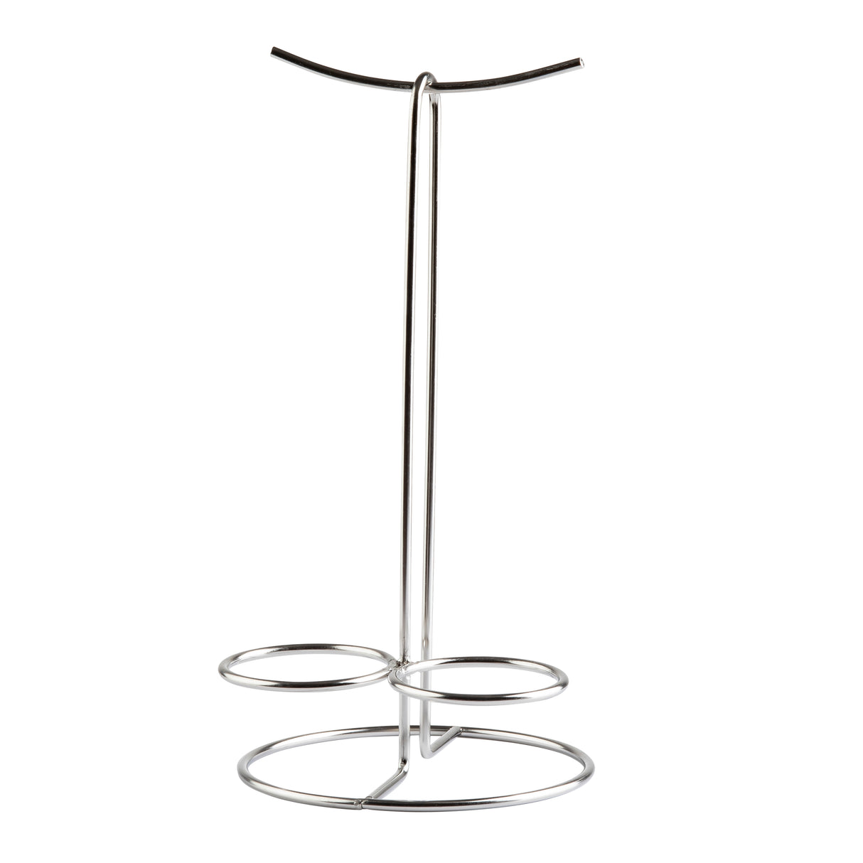 A minimalist Pretzel & Onion Ring Tower, crafted from stainless steel. It features a tall central rod with a curved top and two ramekin holders near the stable base of intersecting wire circles. Photographed on a white background.