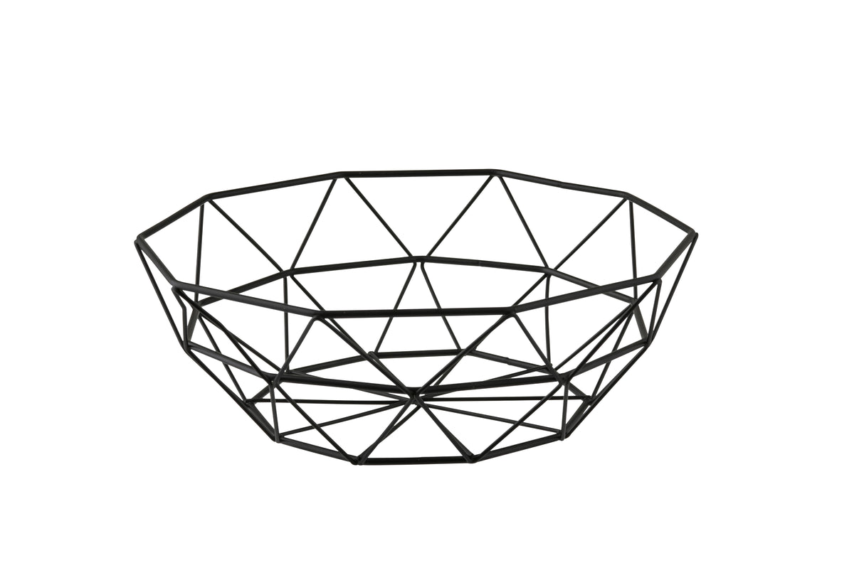 A geometric wire basket fruit bowl crafted from black powder coated steel, featuring angular shapes and intersecting lines; the empty TableCraft bowl is displayed on a plain white background.