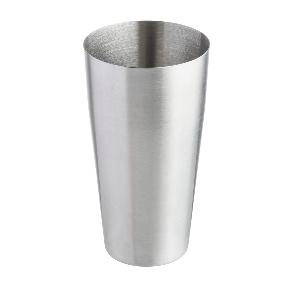 A 28 oz stainless steel cocktail shaker tin stands upright on a white background. The shaker is cylindrical with smooth, brushed metal sides, a slightly tapered shape, and an open top revealing the shiny metallic interior.