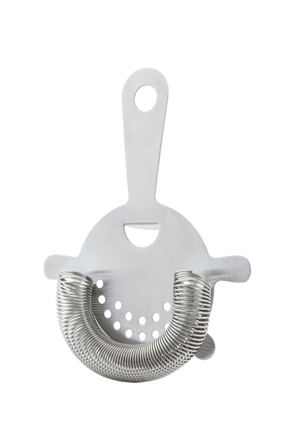 The TableCraft stainless steel strainer features a flat handle with a circular hole, a coiled spring along the curved edge, and a round head with small holes and two side tabs for precise cocktail straining.