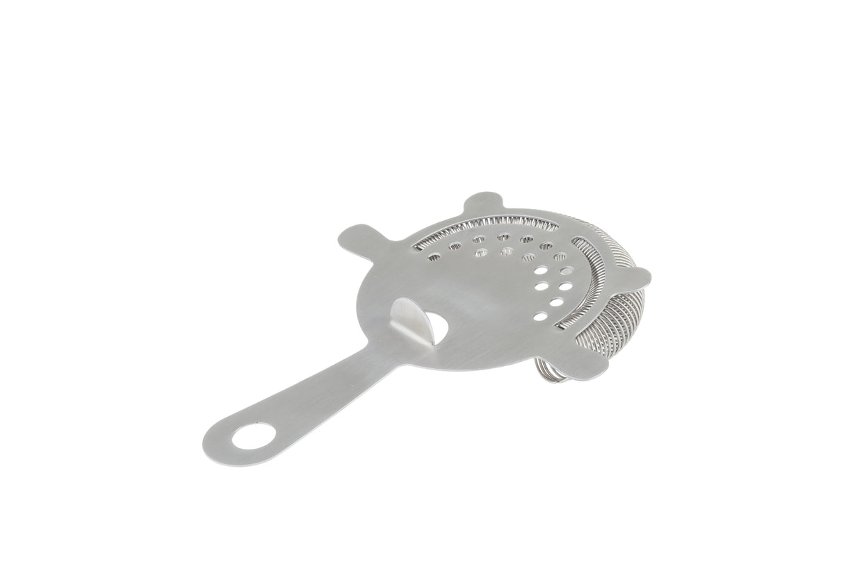 A TableCraft stainless steel cocktail strainer featuring a flat handle, circular strainer head, and coiled spring for smooth straining. The handle includes a convenient hanging hole. The background is plain white.