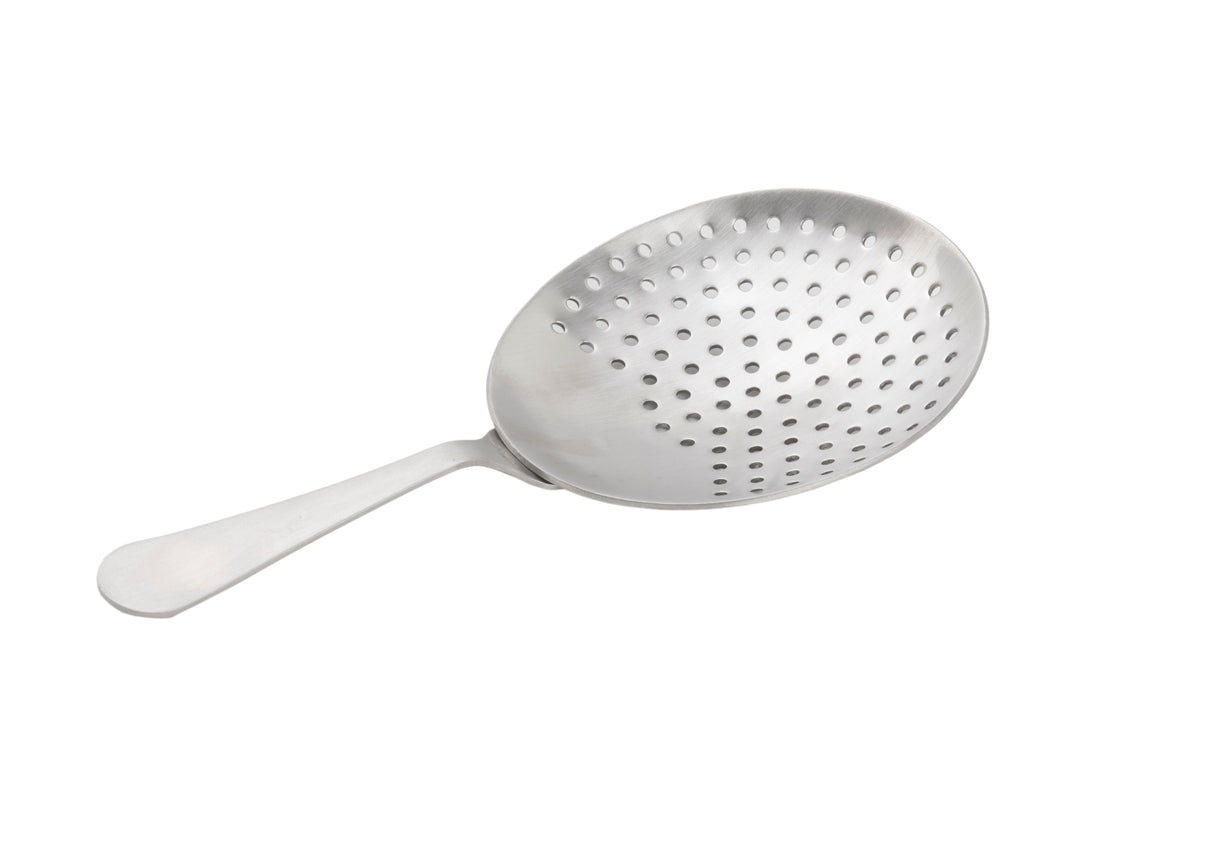 A TableCraft stainless steel skimmer spoon with a shallow, round, perforated bowl and a long handle—similar to a Julep Strainer—designed for straining or lifting food from liquids, positioned on a white background.