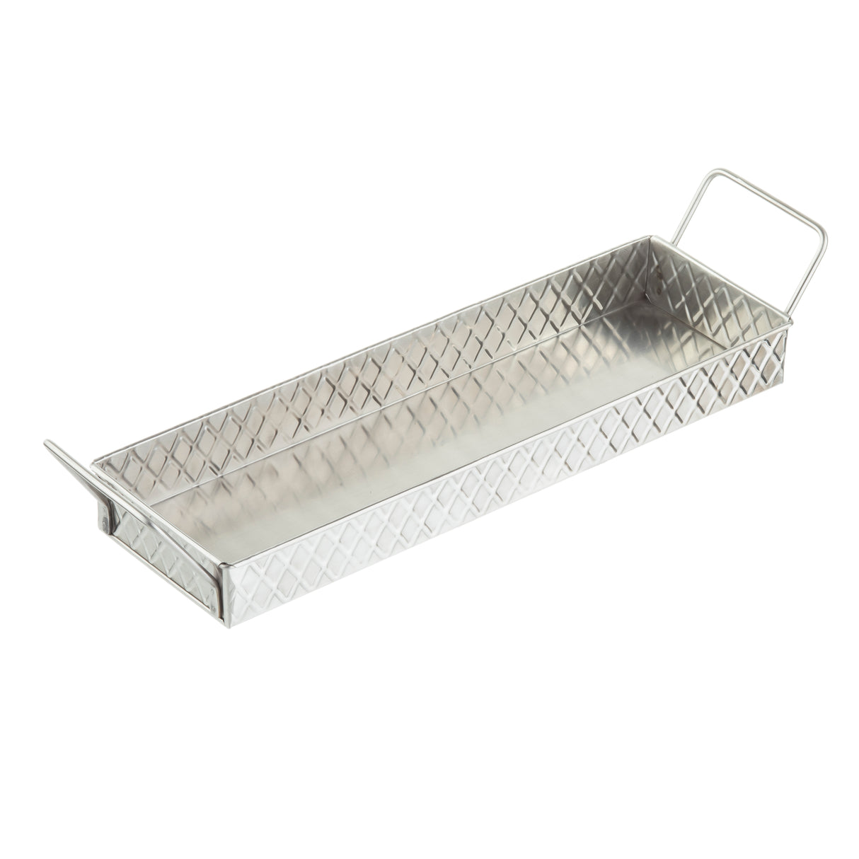 A rectangular stainless steel snack tray from the Lattice Collection, featuring a diamond-patterned texture on the sides and wire handles angled outward. Its shiny, reflective surface and open, minimalist design make it a standout piece from TableCraft Products.