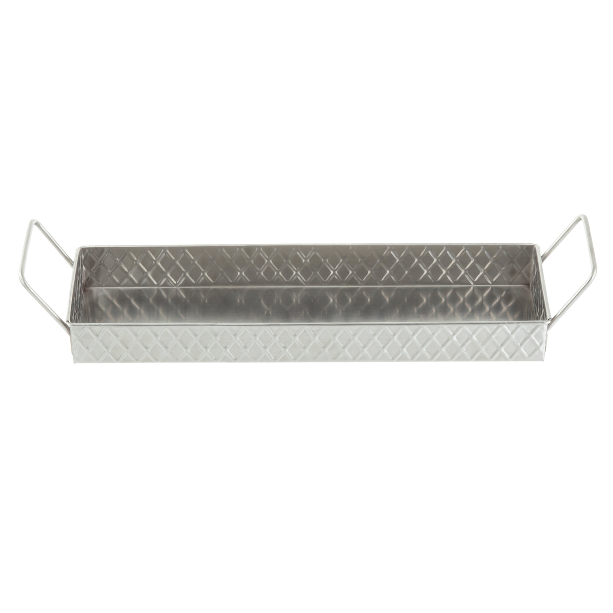 A rectangular Lattice Collection Snack Tray from TableCraft Products, crafted from stainless steel with raised sides, diamond-patterned texture, and two wire handles. The empty tray is displayed on a white background.