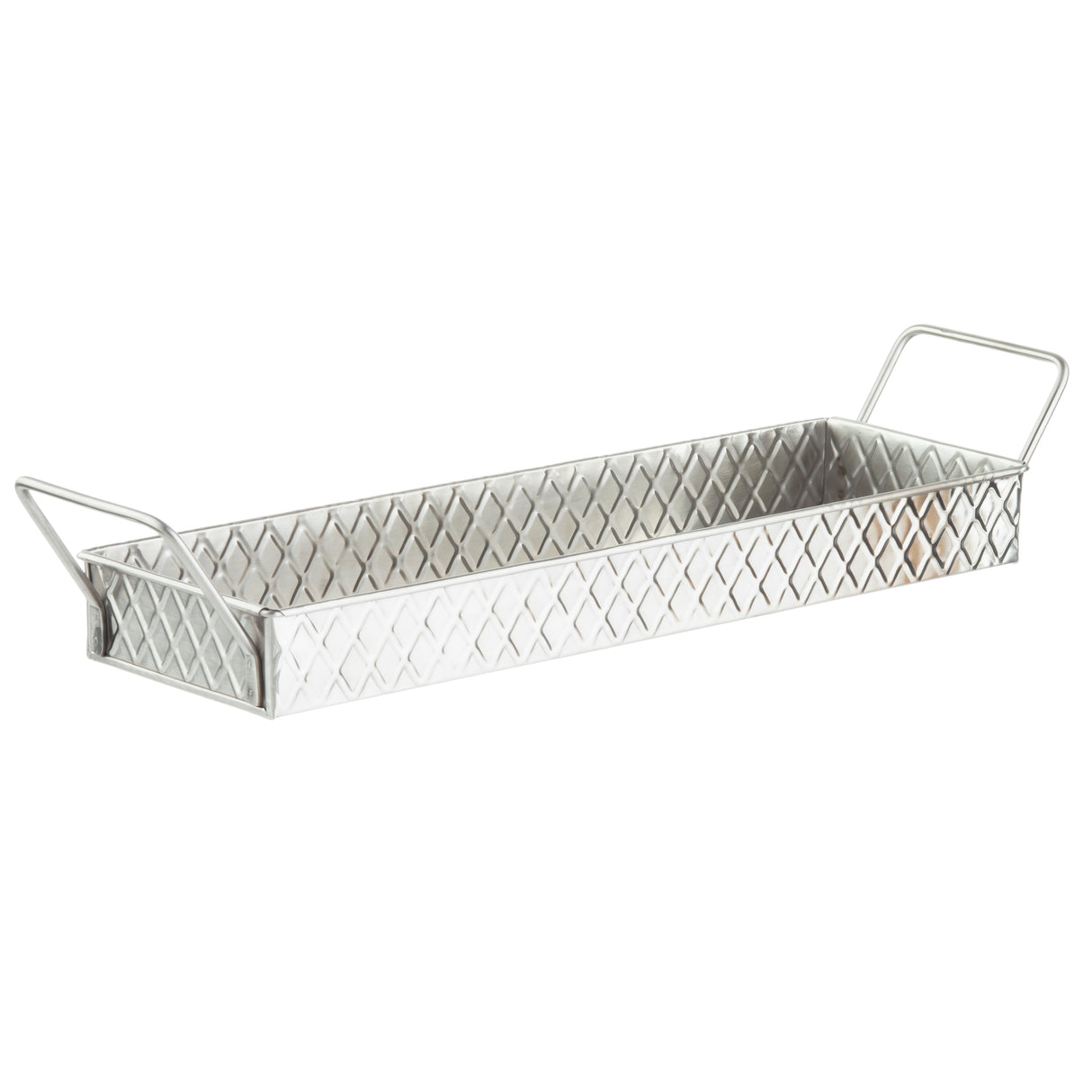 Rectangular stainless steel snack tray from the TableCraft Products Lattice Collection, featuring a diamond-patterned texture and two upright handles. Its modern, industrial design stands out against a plain white background.