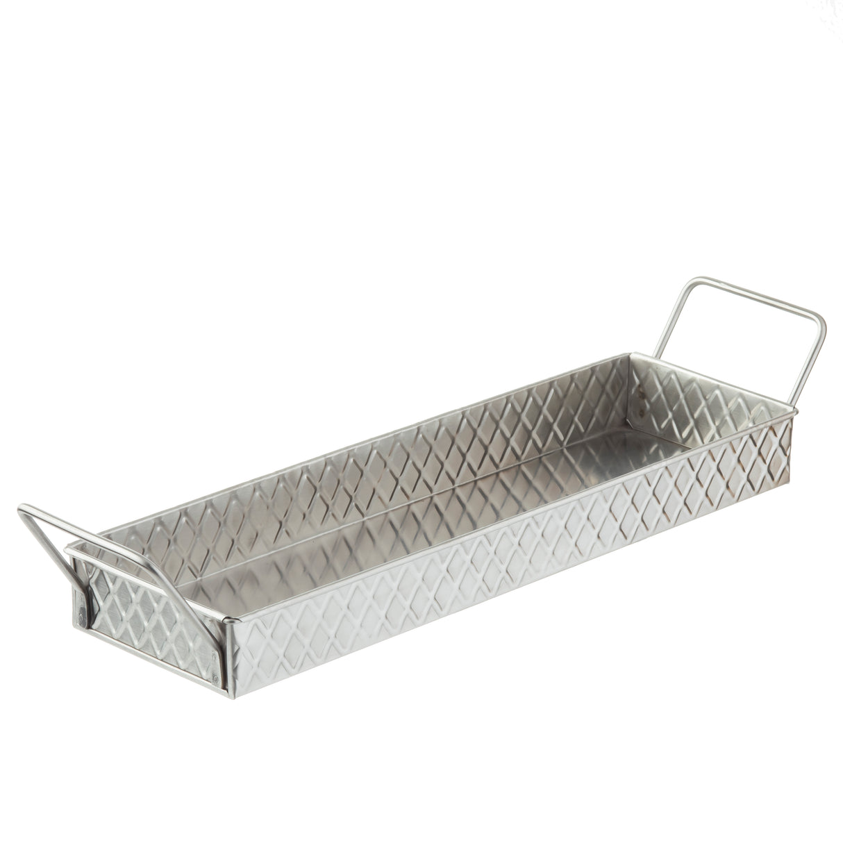 A rectangular stainless steel snack tray from TableCraft Products' Lattice Collection, featuring a diamond-patterned texture, raised sides, and upright handles. The reflective tray is empty and photographed on a white background.