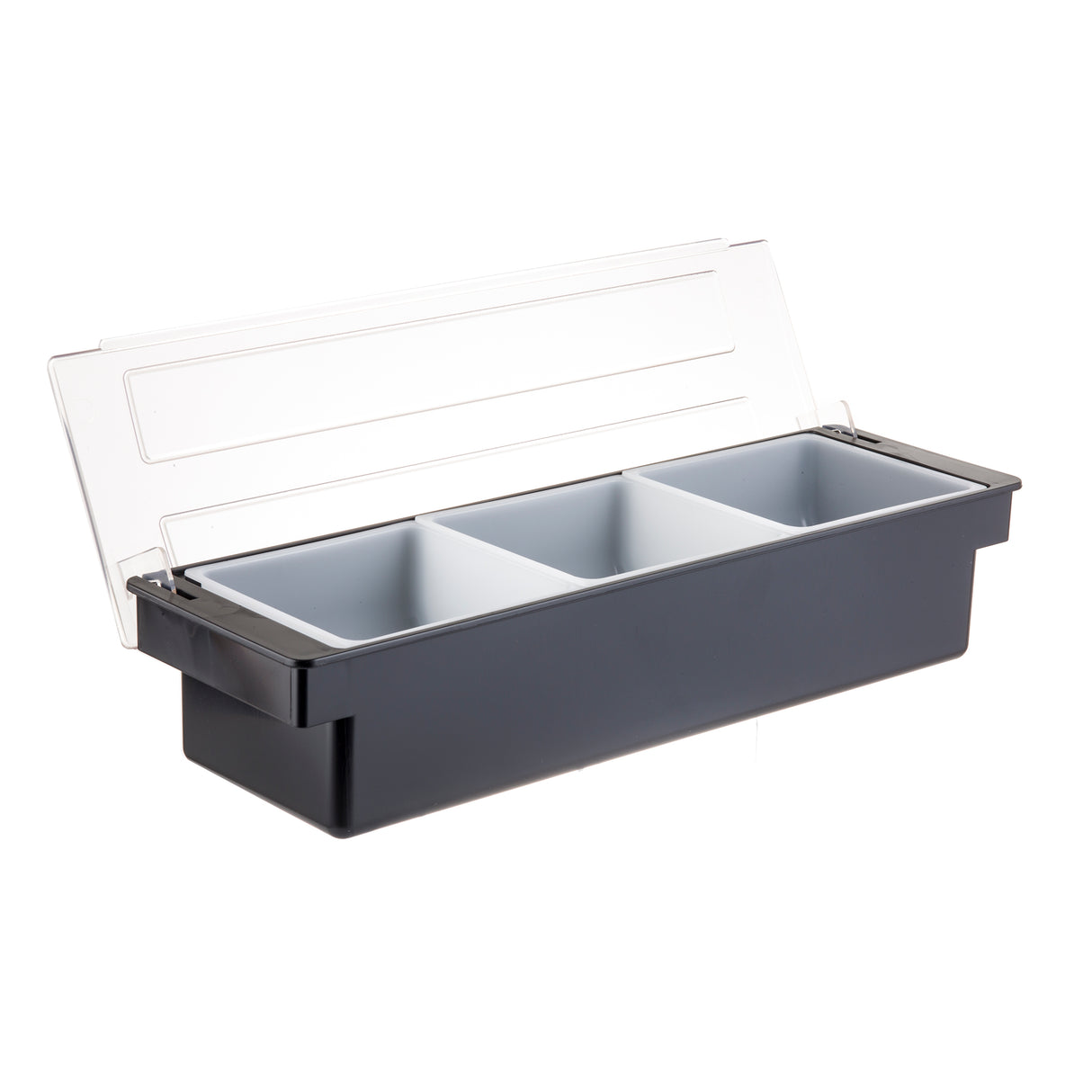 A black rectangular plastic TableCraft 104 Bar Condiment Holder with three separate compartments and a clear hinged lid, slightly open. This dishwasher safe container is perfect for organizing or dispensing condiments, garnishes, or small food items.