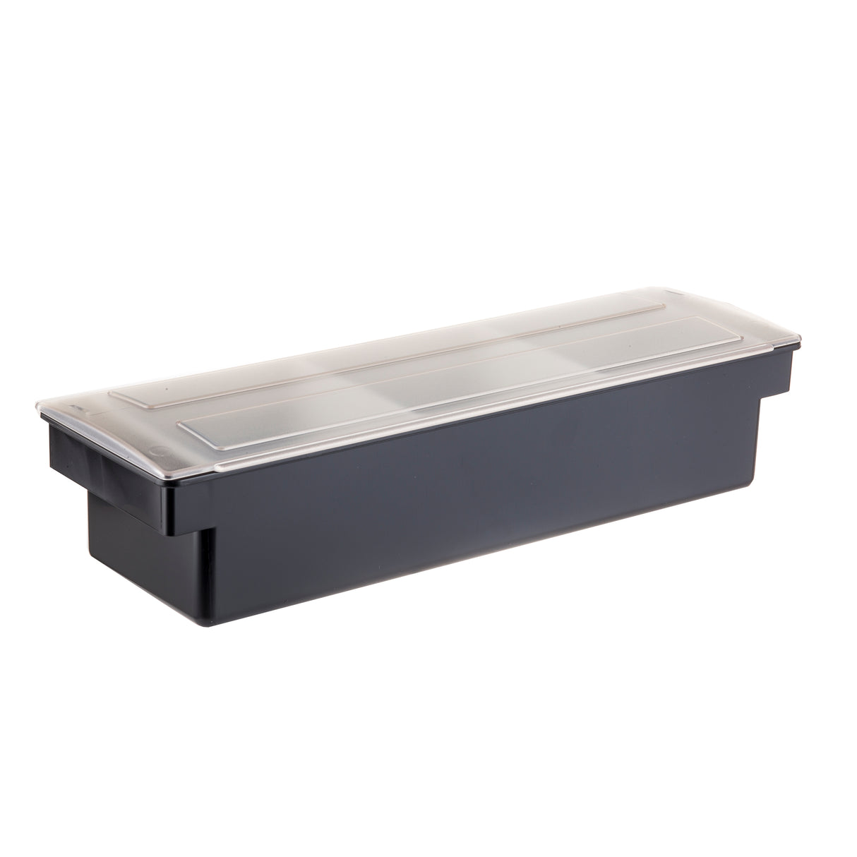 A long, rectangular black plastic storage bin with a clear, fitted lid. Dishwasher safe and ideal as a bar condiment holder with space for 1 qt. inserts, it offers simple, functional design for organizing or storing items.