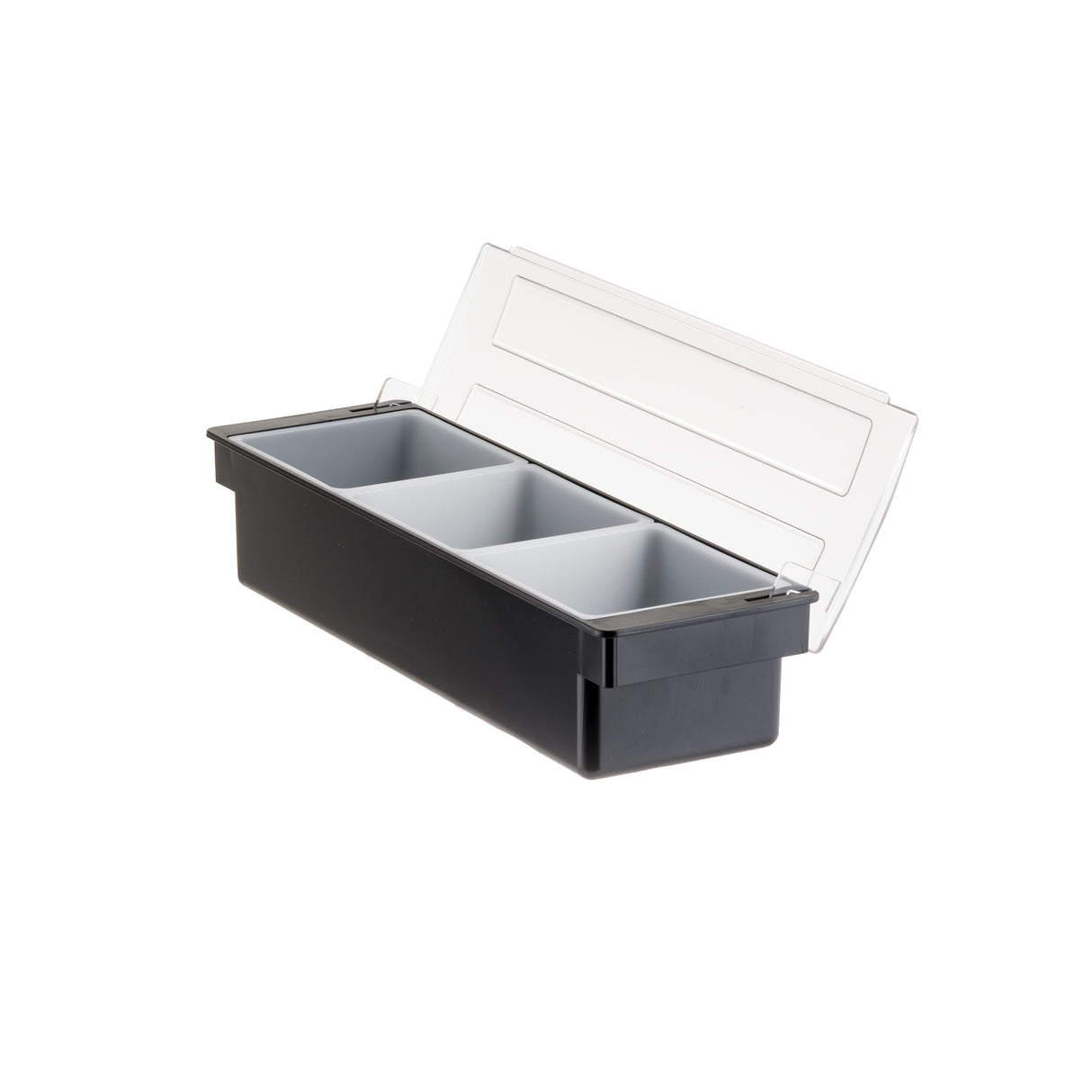 A rectangular black plastic bar condiment holder with three gray 1 qt. inserts and a clear hinged lid, photographed on a white background. The lid is open, revealing the empty, dishwasher safe compartments inside.