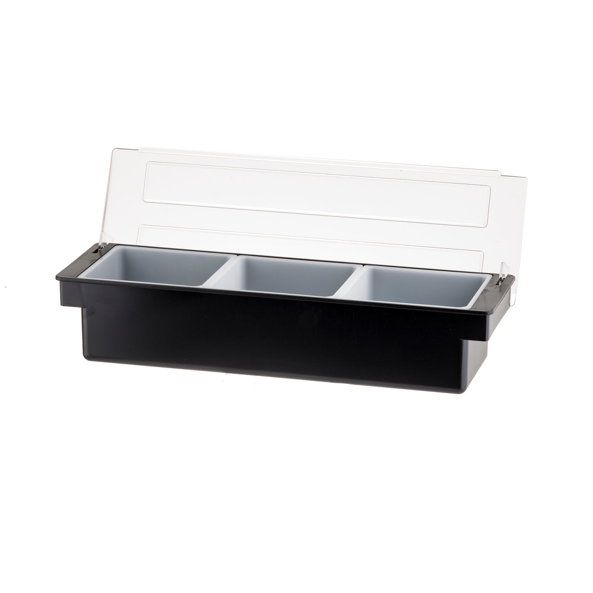 A black rectangular bar condiment holder with three separate 1 qt. inserts and a clear hinged lid, shown open. The empty holder is dishwasher safe and perfect for organizing condiments or garnishes in bars or kitchens.
