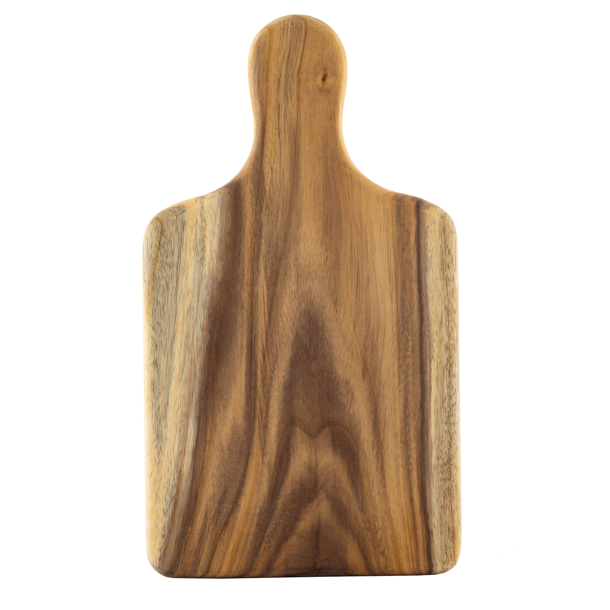 A rectangular acacia wood bread board with rounded edges and a long handle, featuring natural wood grain patterns in shades of brown, stands upright against a white background.