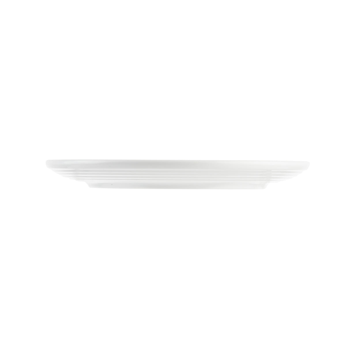 A plain, round, white Pulito Collection side plate is viewed from the side against a white background. The plate is flat with a slightly raised rim and subtle horizontal ridges, giving it a simple and minimalistic appearance.