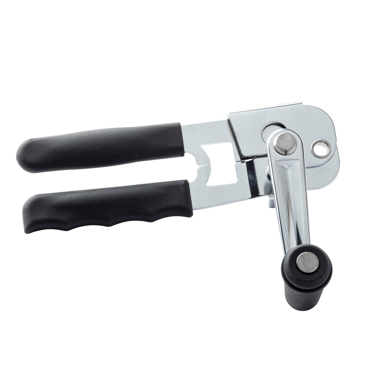 A chrome-plated can opener with black, ergonomic plastic handles and a metal body. It features a rotating handle with a black knob and a sharp circular blade for cutting can lids, shown on a white background.