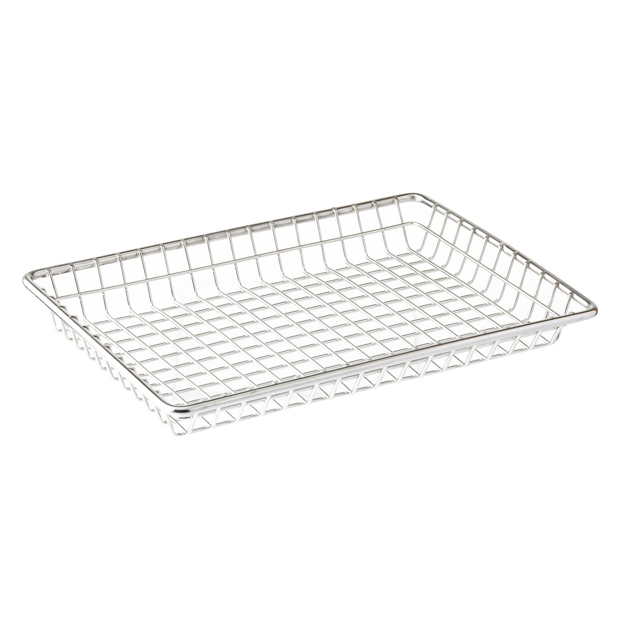 A rectangular TableCraft serving basket with a grid pattern, made of shiny stainless steel. The sides are slightly angled outward, and the reinforced edges add durability. Its open structure and lightweight design make it perfect for stylish food presentation.